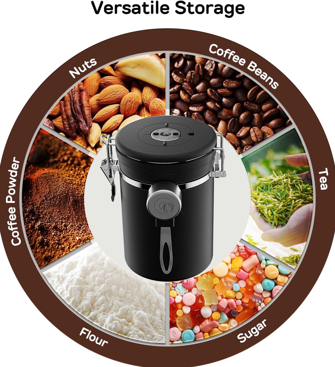 Coffee Gator Coffee Canister, 22oz Airtight Stainless Steel Kitchen Food Storage Container with Date Tracker, Valve, Scoop for Sugar, Grounds, Beans, Tea, Sugar, Cereal, Flour, Cookies Jars - Black