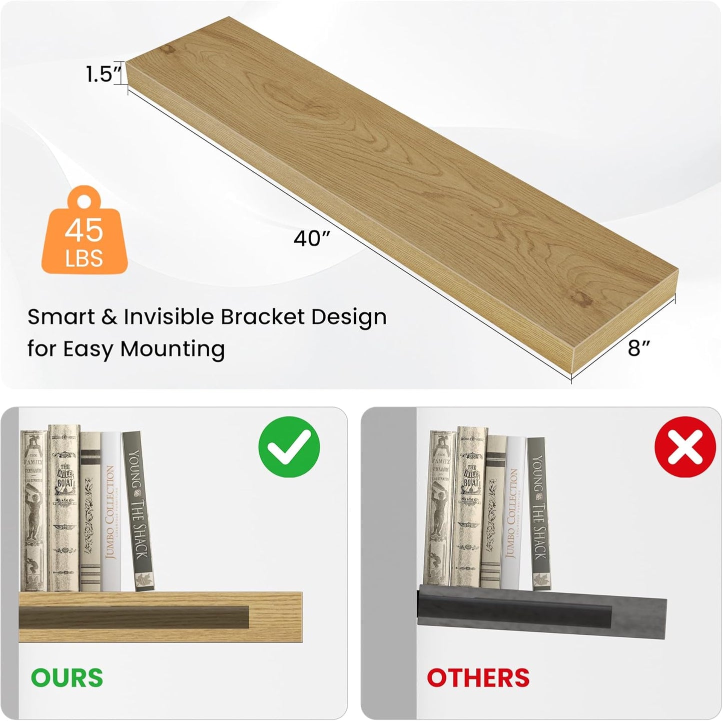 Floating Shelves for Wall, 40" W x 8" D x 1.5" H, Wooden Wall Mounted Display Shelves with Invisible Brackets for Living Room, Bedroom, Bathroom, Kitchen Decor and Storage, Set of 2, Oak