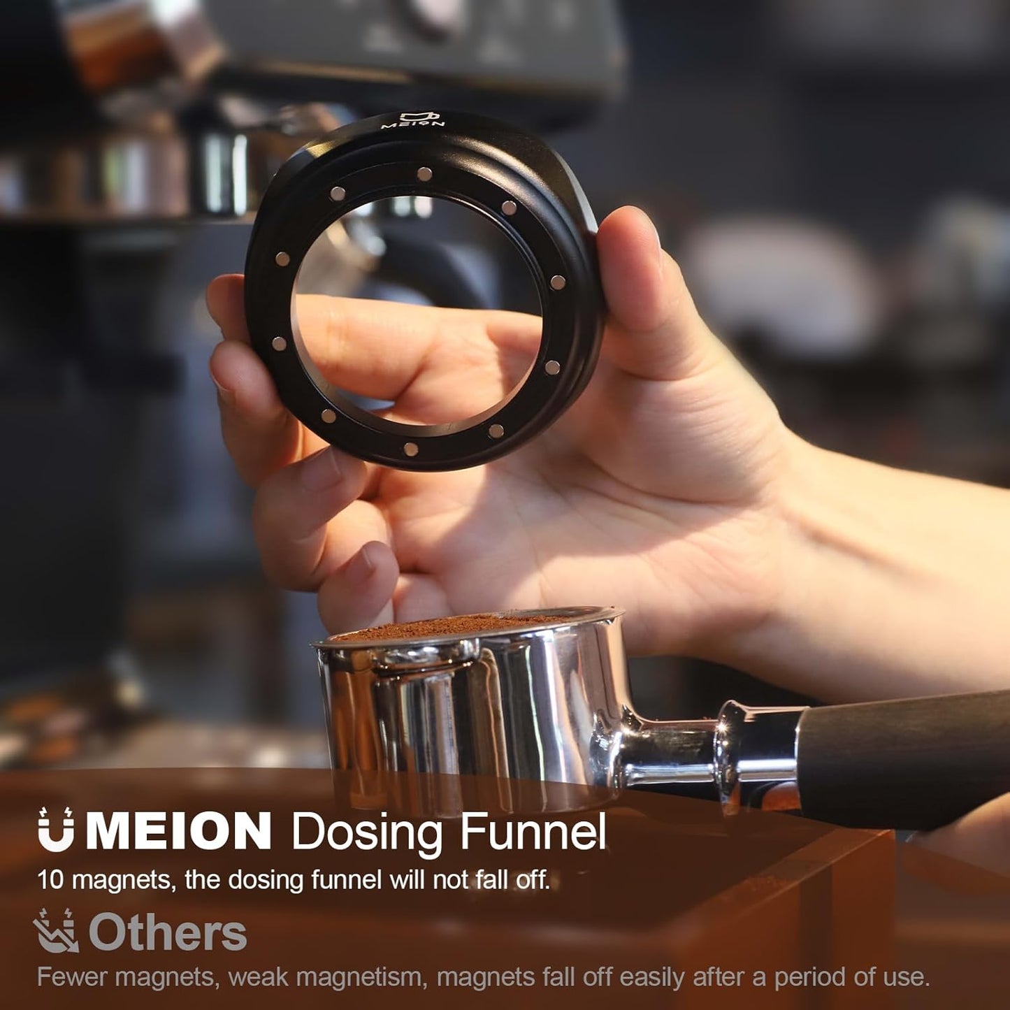 MEION 58mm Dosing Funnel, Magnetic Espresso Dosing Funnel Coffee Funnel Compatible with 58mm Portafilter, Espresso Tools Portafilter Funnel (58mm, Black)