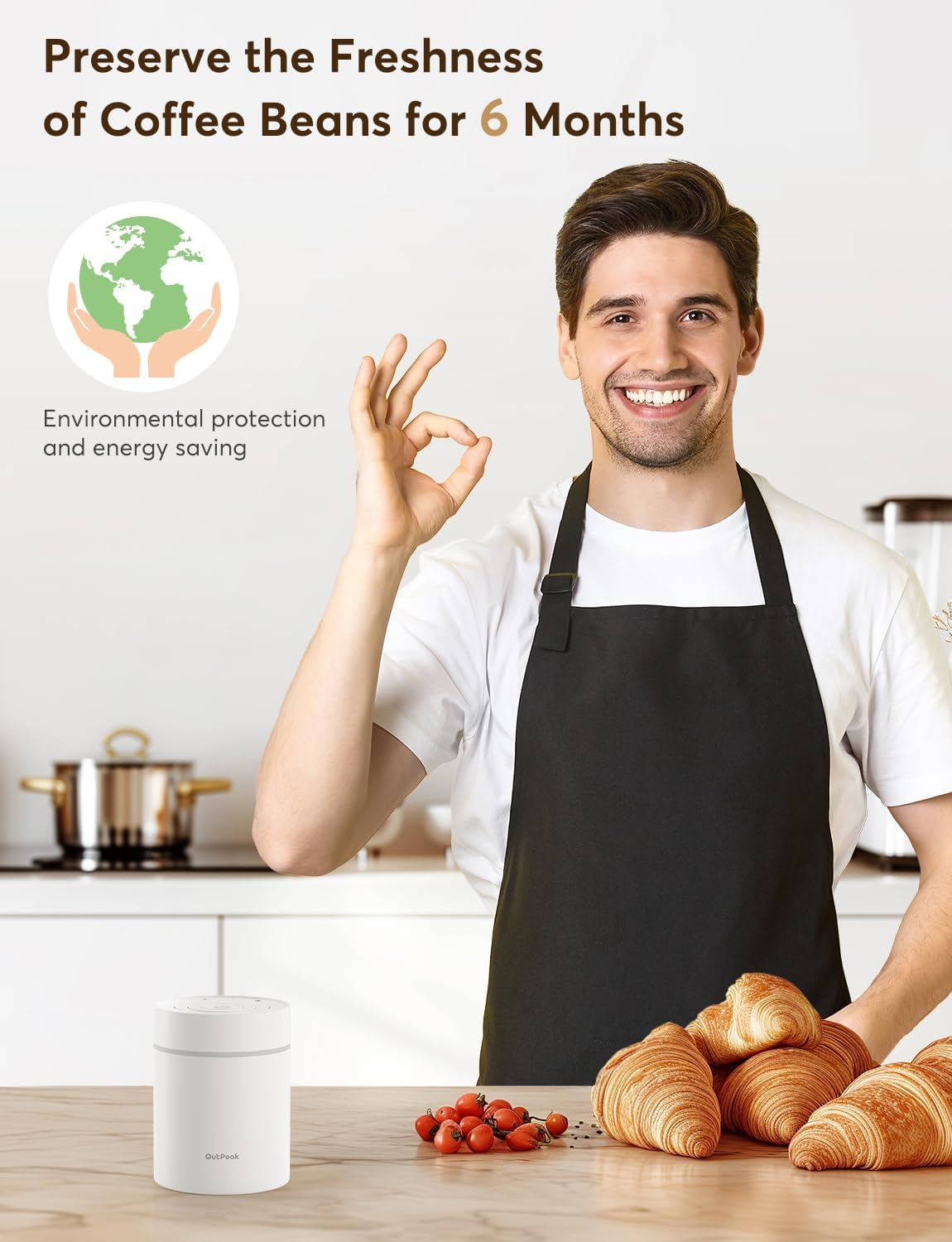 OUTPEAK Neo 2025 Auto Vacuum Coffee Canister, 0.5L for 4.6oz Coffee Beans, One-Button Operation, Small Airtight Coffee Canister with Scoop, Coffee Storage Container Stainless Steel (Champion's Choice)