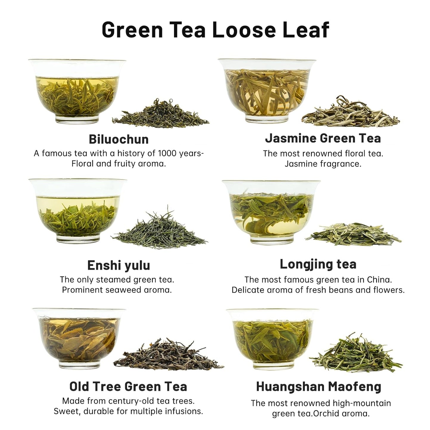 iTeaworld Chinese Green Tea Sampler - 6 Flavors Green tea loose leaf Bag - Chinese Tea With Mediumly Caffeinated, Sugar Free Loose Leaf Tea for Health Come with 20 Tea Bags, 3.5oz