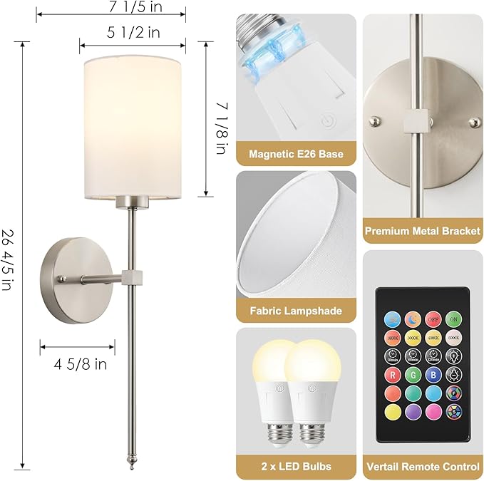Battery Operated Wall Sconce Set of Two, Wireless Rechargeable Wall Light - Image 7
