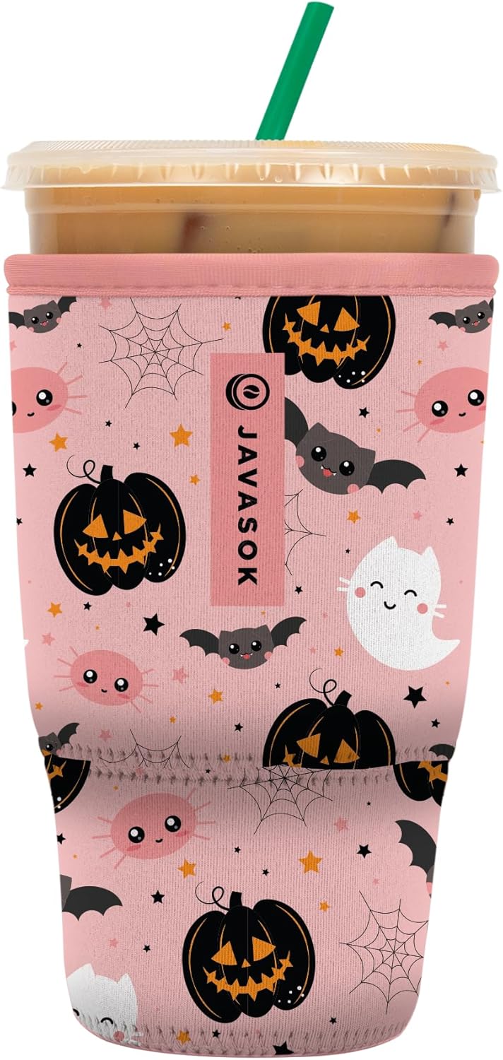 Sok It JavaSok Iced Coffee & Cold Soda Insulated Neoprene Cup Sleeve (Spooky in Pink, Large: 30-32oz)