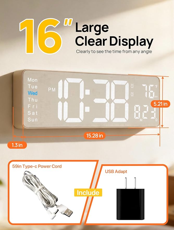 MASHI 2026 Upgrade Digital Wall Clock, Auto-Dimming Wall Clock - Image 2