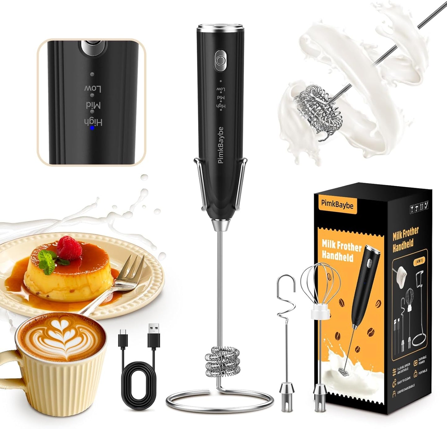 Electric Milk Frother Handheld, Triple-whisk 3-Speed Coffee Drink Mixer with 3 Stainless Steel Whisks (Including Triple-Spring Frothing Whisk) – Stand Included for Cappuccino, Latte, Egg Whisking