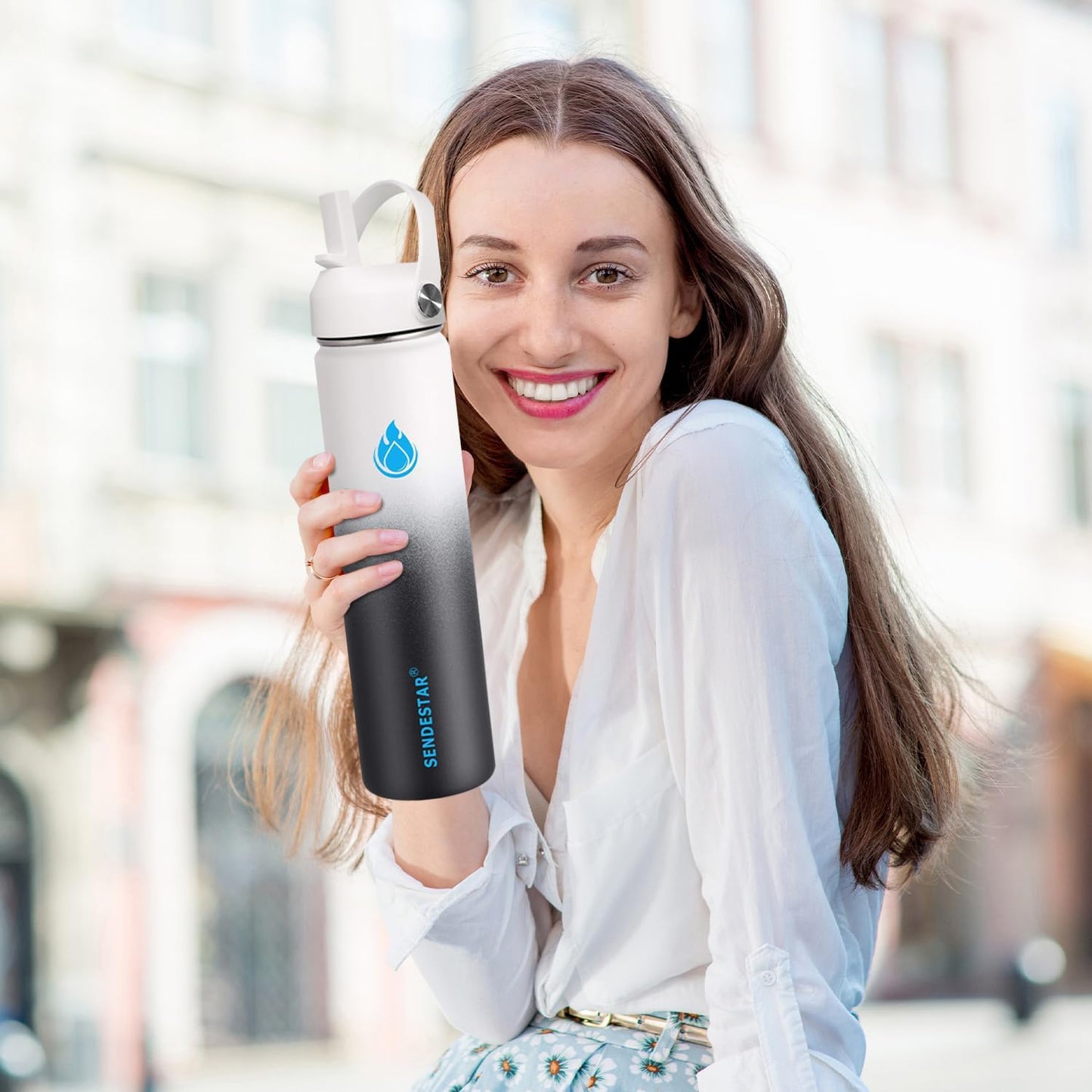 SENDESTAR Stainless Steel Wide Mouth Water Bottle 24oz Double Wall Vacuum Insulated Leak Proof Bottle with New Flex Straw Lid & Spout Lid