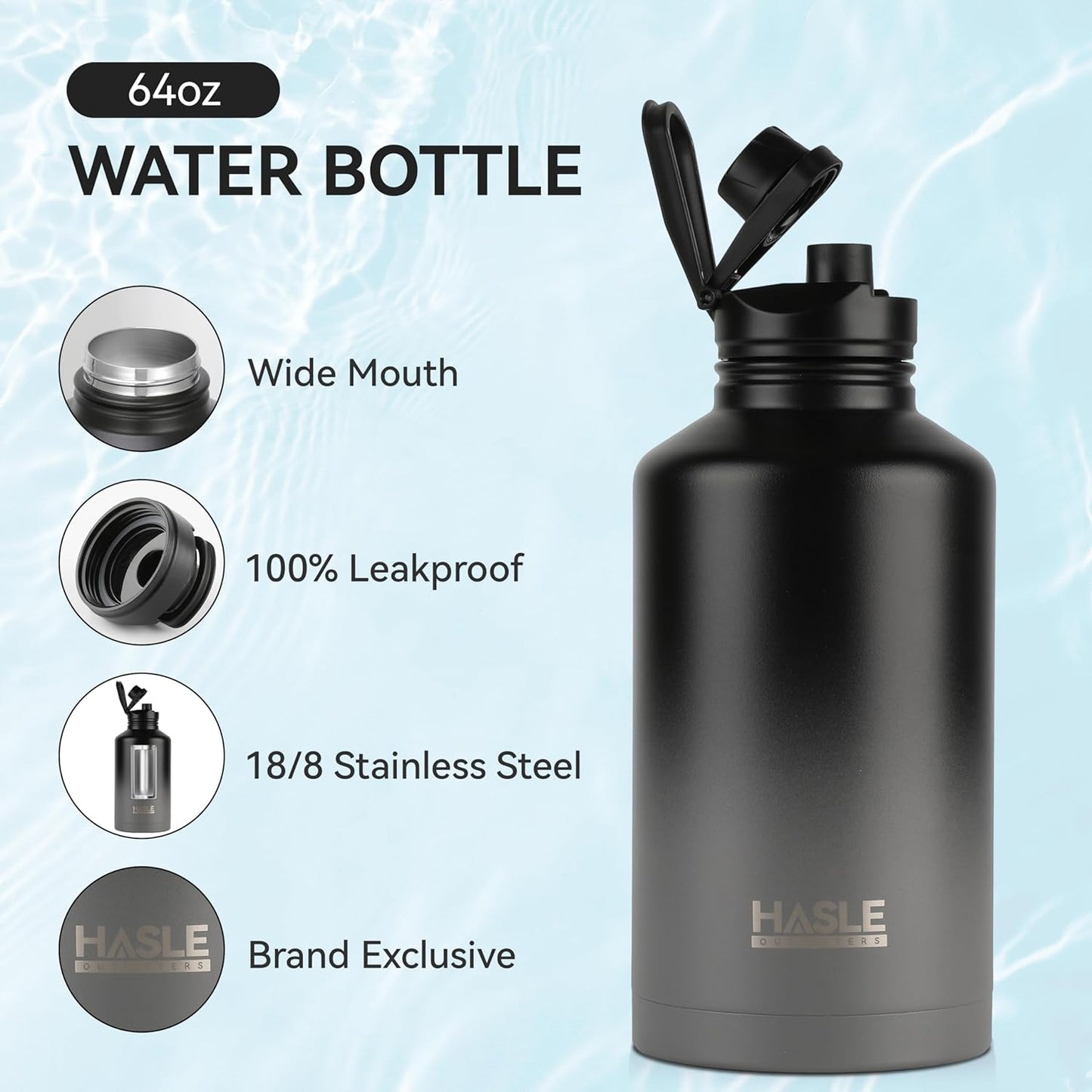 HASLE OUTFITTERS Half Gallon Insulated Water Bottles 64 oz, Stainless Steel Metal Water Jug with 2 Lids Keep Cold 48h/Hot 24h, Leak Proof & BPA-Free Water Flask Jug(Black Gray Gradient,1)