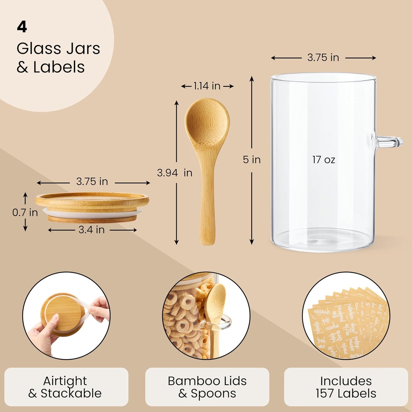 Talented Kitchen Glass Food Storage Containers with Lids - 4-Pack 17 oz Glass - Stackable Kitchen Jars for Pantry, Spice Jars & Coffee Containers for Countertop - Attached Spoons & 157 Labels