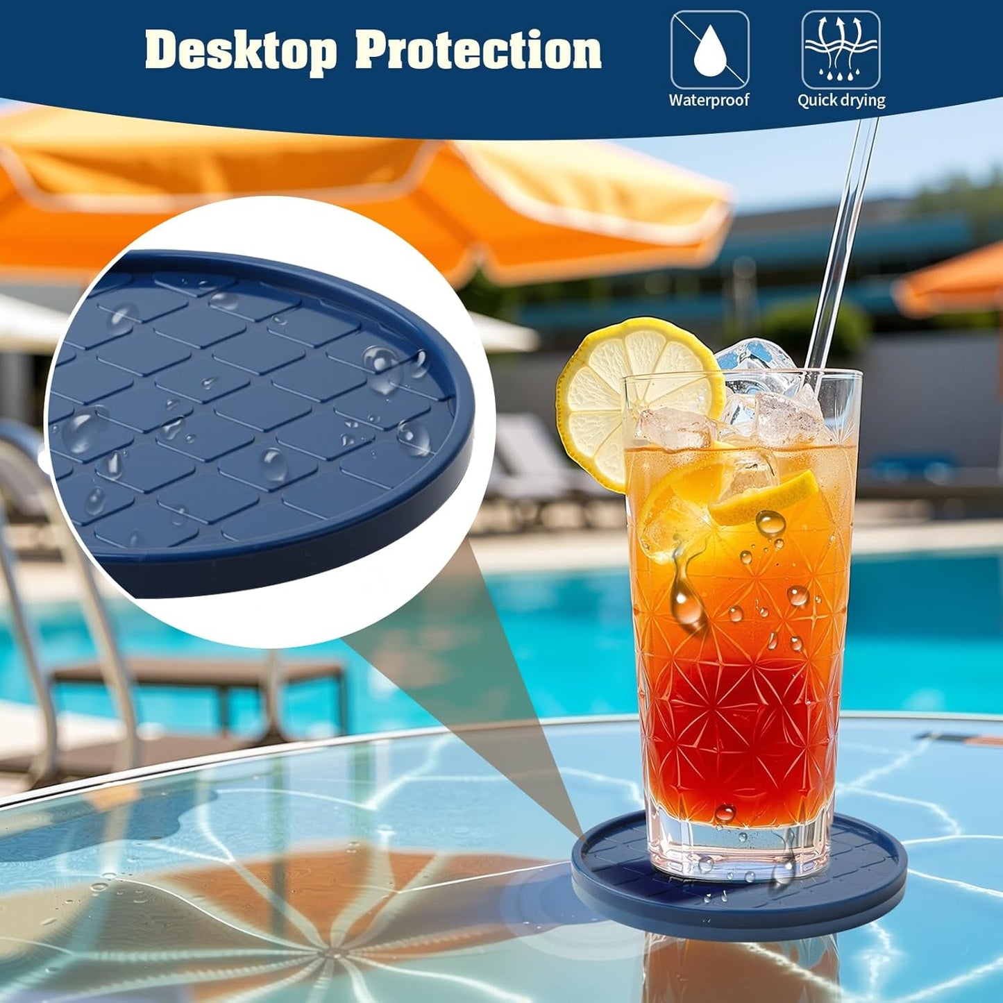 Coasters Set of 8,Hot or Cold Drink Coasters with Holder,Modern Style Coffee Table Coaster,Suitable for Kinds Cups Beer,Drink,Anti-Overflow Tabletop Protection (Navy Blue, 8pcs)