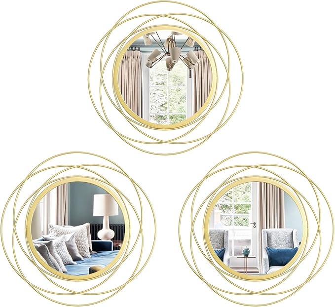 3 Set 9.5 Inch Gold Circle Mirrors Wall Decor Iron Frame Wire Mirror Metal by Cityelf