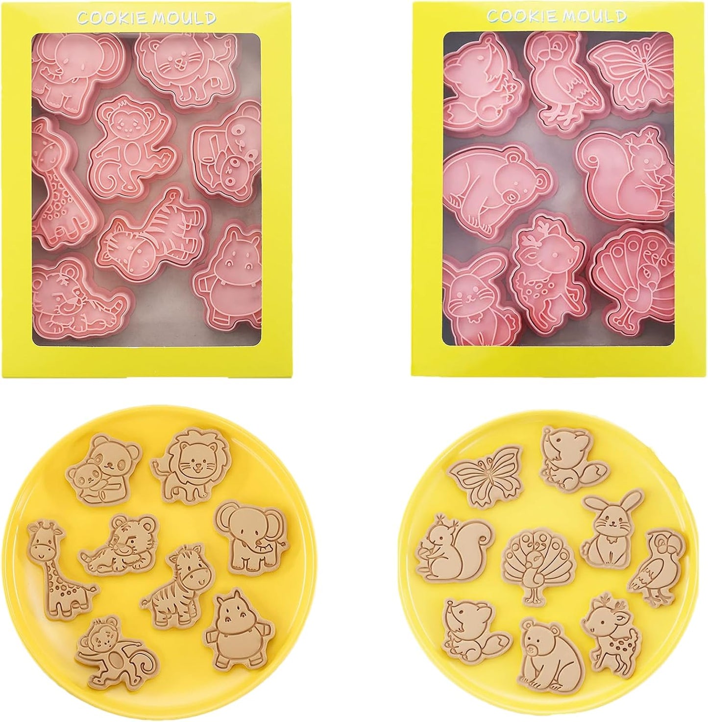 16pcs Animal Cookie Cutter Stamps Set, Lion, Panda, Forest Themed Plunger Stampers for Baking, Plastic Biscuit Molds for DIY Cookies, Cake Decor(J16)