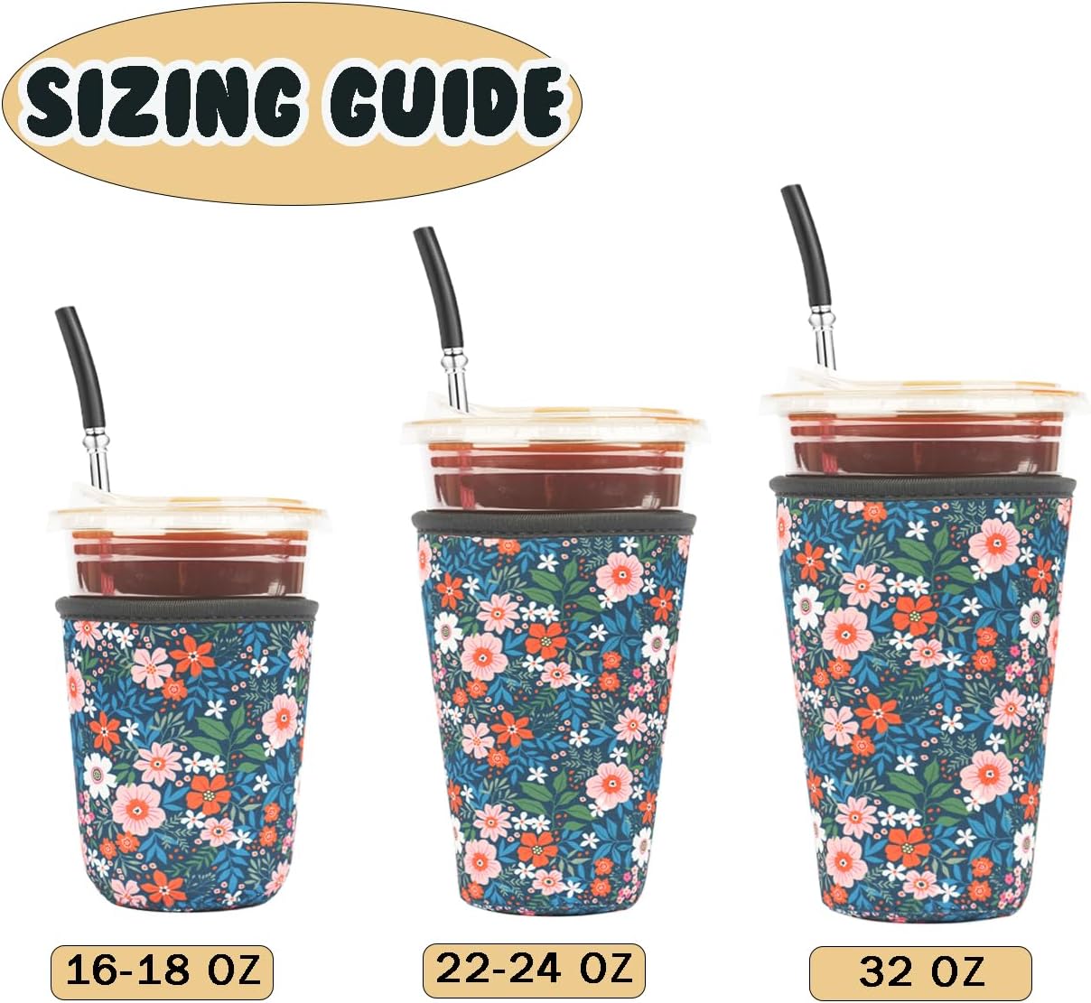 Reusable 3-Pack Iced Coffee Cup Sleeve, Insulated Neoprene, Beverage Holder for Iced Coffee, Durable Drink Sleeve for Cold Beverages, Bloom Garden