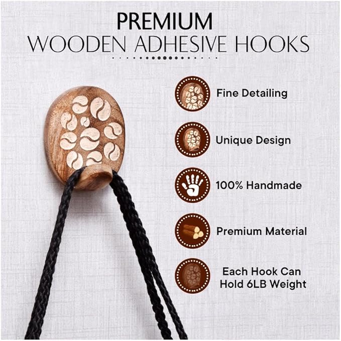 IndianShelf 6 Lb- 24 Pieces Decorative Wood Adhesive Wall Hooks–Boho Peel and - Image 5