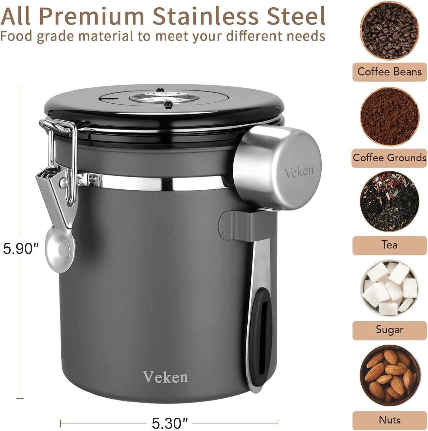 Veken Coffee Canister, Airtight Stainless Steel Kitchen Food Storage Container with Date Tracker and Scoop for Beans, Grounds, Tea, Flour, Cereal, Sugar, Cookies Jars, 16OZ Gray