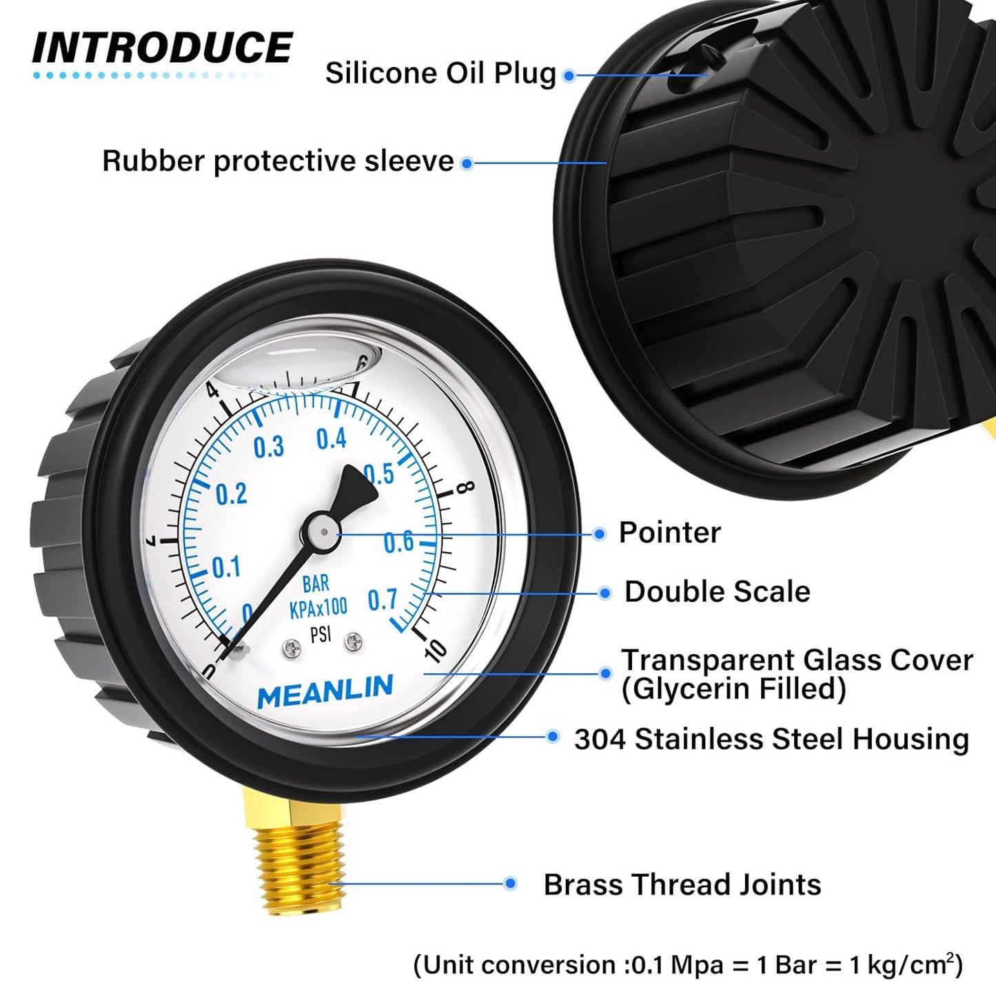 MEANLIN MEASURE 0~10Psi Stainless Steel Liquid Filled Pressure Gauge 1/4" NPT 2.5" FACE DIAL with Rubber Protective Sleeve, Lower Mount