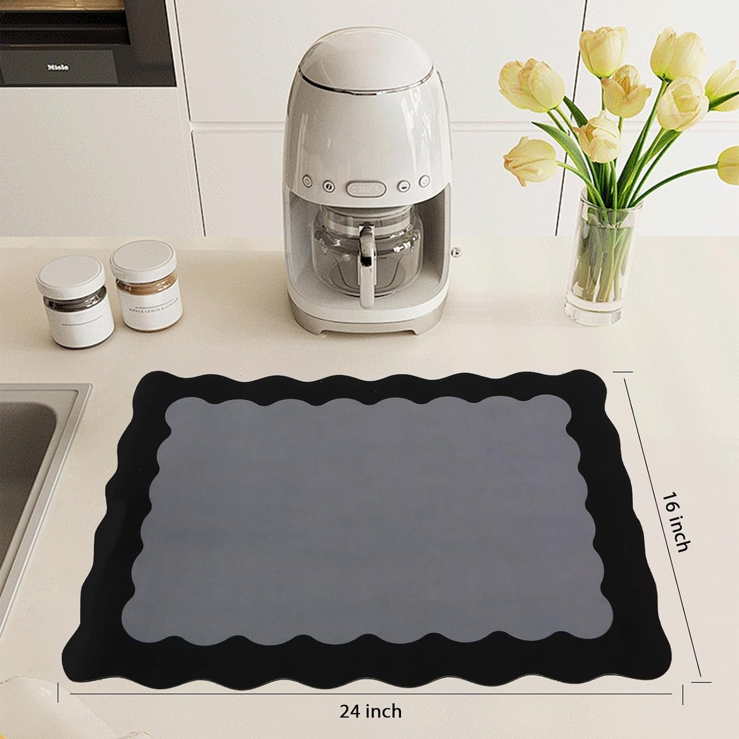 Scalloped Coffee Bar Mat for Countertop, Cute Dish Drying Mats for Kitchen Counter, Diatomite Absorbent Mat for Coffee Station, Kitchen Aesthetic Decor (16"x24", Black)