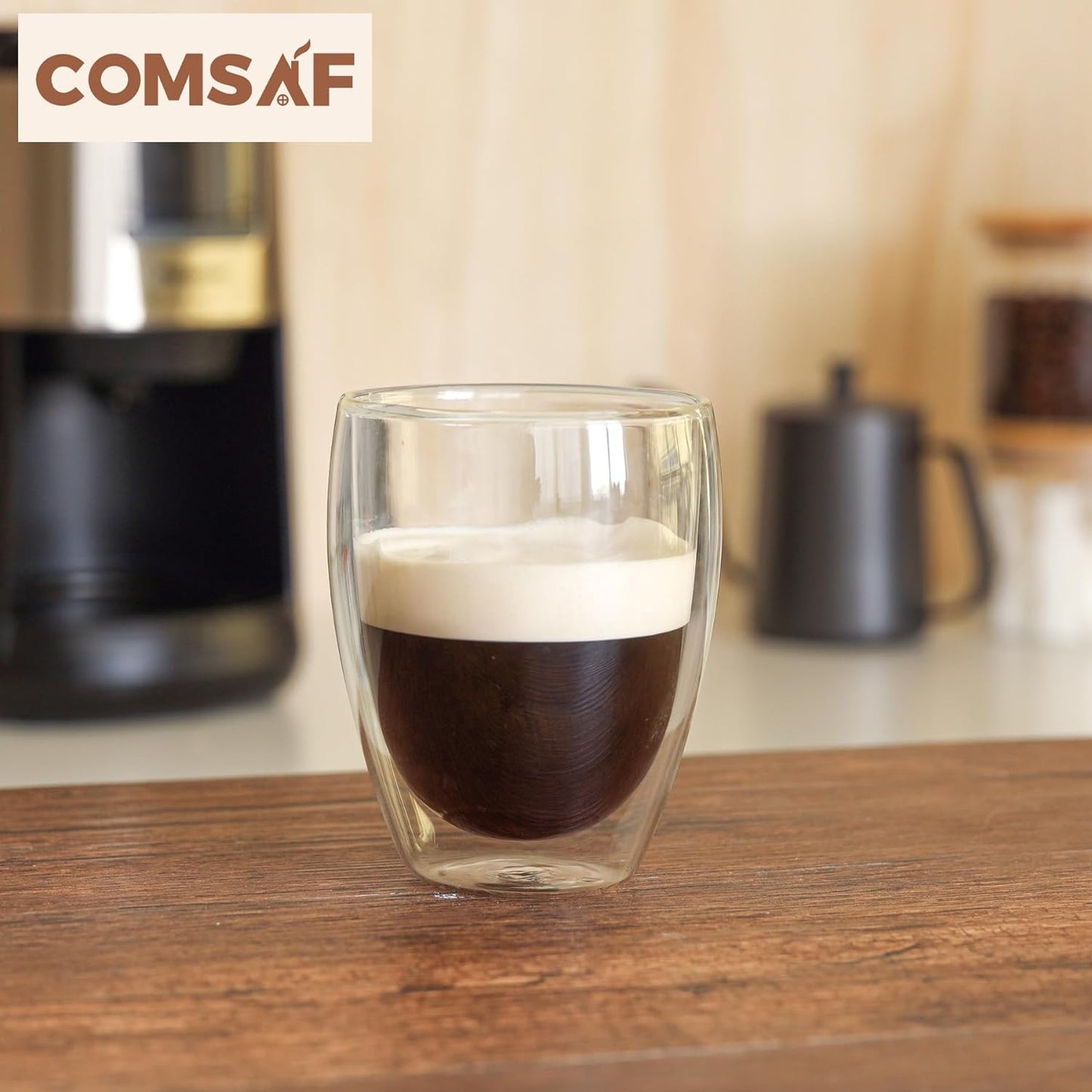 ComSaf glass coffee cups 12 oz, latte cup Set of 2, Double Walled Glass Coffee Mugs, clear coffee mug for Americano, Lungo, Mocha, Machiato,Cappuccino, Ideal Gift for Christmas, Birthday