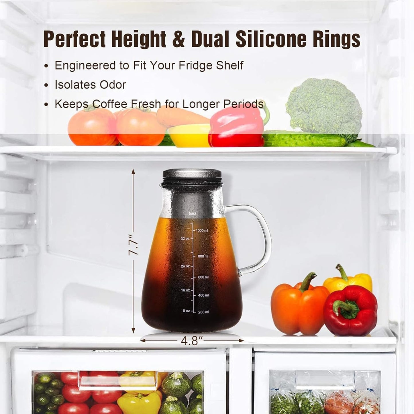 Cold Brew Iced Coffee Maker 34oz, Brewed Coffee Pot with Removable Double Mesh 304 Stainless Steel Filter, BPA-Free Cold Brew Pitcher Glass Container, Tea Maker