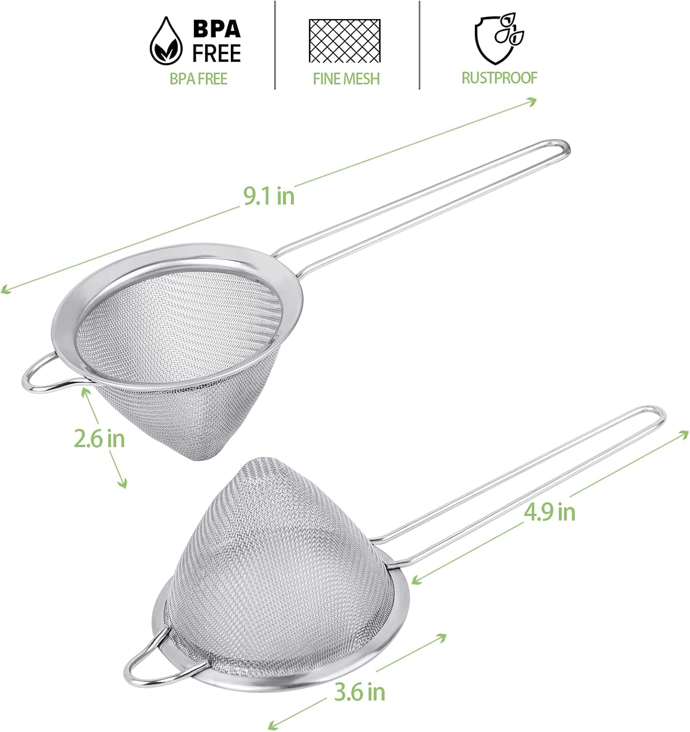 2 Pack Stainless Steel 18/8 Small Food Strainer, Fine Mesh Sieve with Long Handle, Cocktail Strainer For Cocktails, Tea Herbs, Coffee & Drinks, Rust Proof & Great as Tea Strainer, 3.5inch
