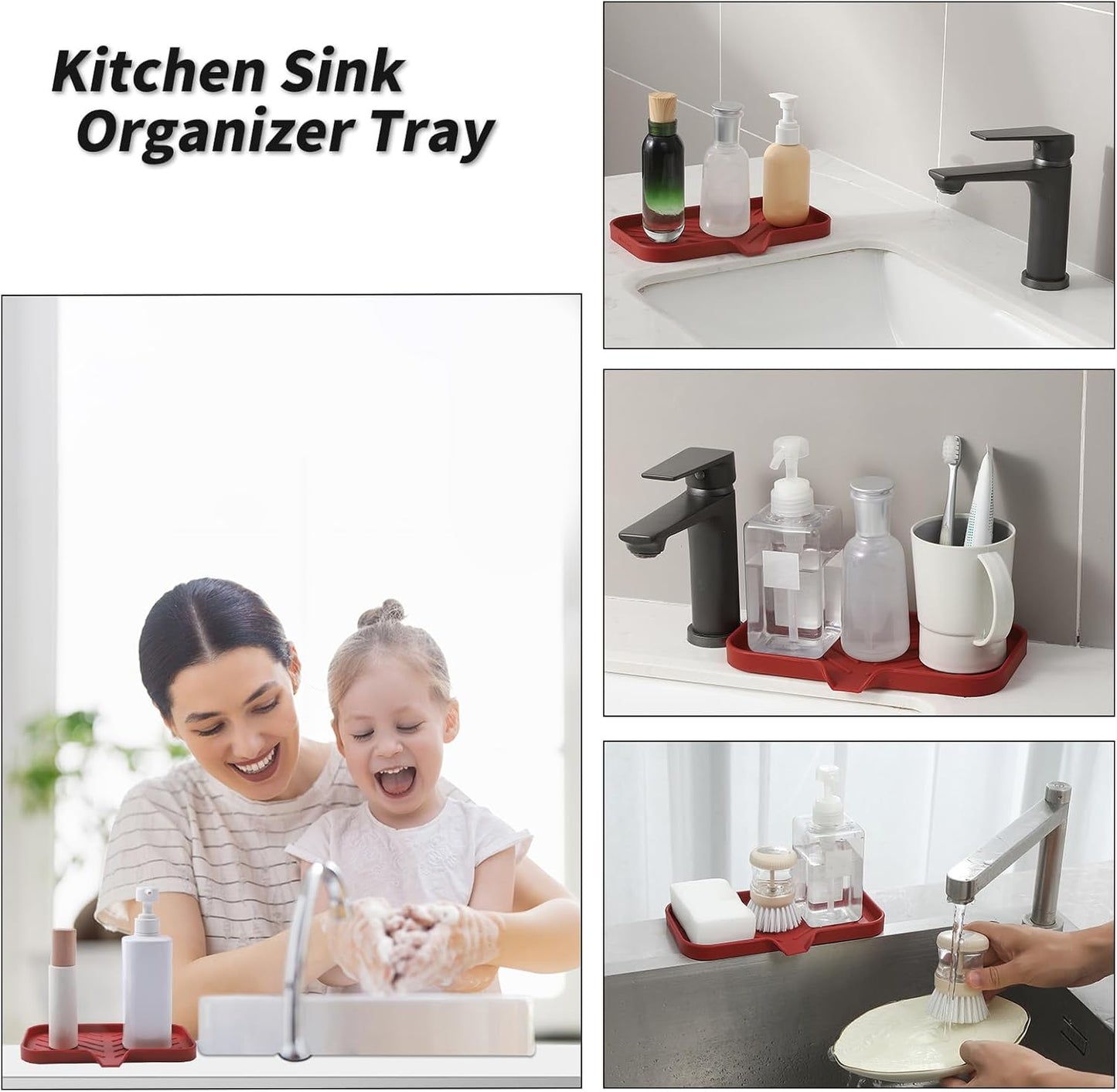 Silicone Bathroom Soap Dishes with Drain Spout-Bathroom and Kitchen Sink Organizer,Sponge Holder,Dish Soap Tray,Perfect for Dispenser,Scrubber,Bottle,Cup on Sink or Counter-Red 9.6"×5.3"