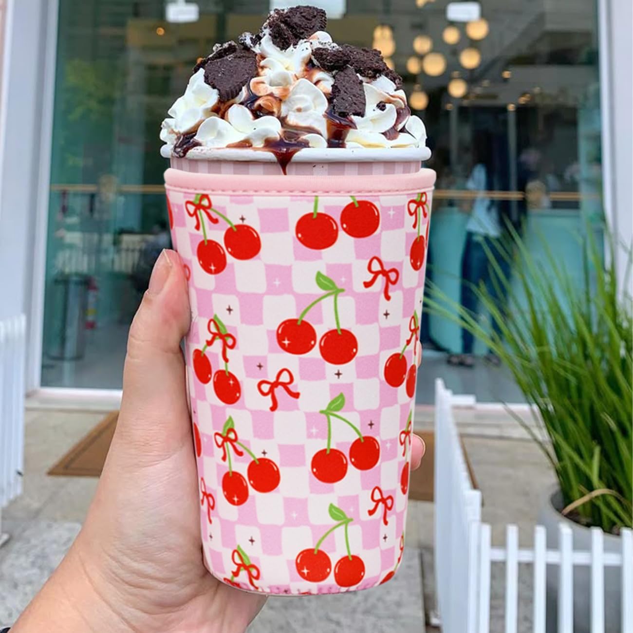 Reusable Insulated Neoprene Iced Coffee Cup Sleeve, Durable Drink Sleeve for Cold Beverages, Beverage Holder for Iced Coffee, Cherry Gleam