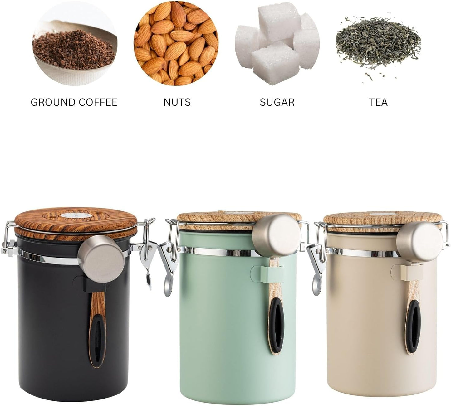 Airtight Coffee Canister 1.8L with Wooden Lid Scoop Set, 304 Stainless Steel Food Storage Container with CO₂ Valve, for Beans, Grounds, Tea, Sugar, Flour, Nuts (Beige,1.8L)
