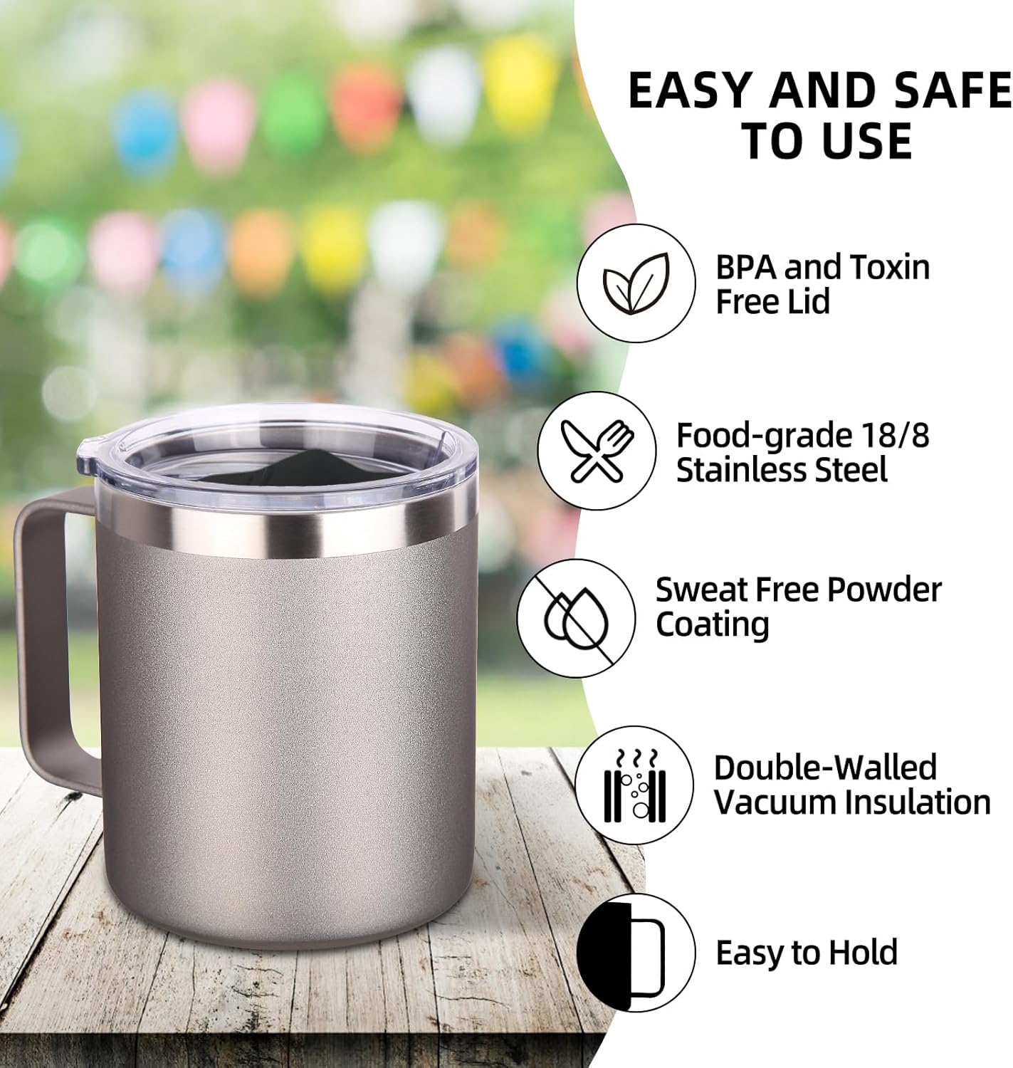 Volhoply 14oz Insulated Stainless Steel Coffee Mug with Lid Bulk 4 Pack,Double Wall Vacuum Travel Coffee Cup with Handle,Reusable Cups Tumbler Cup,Camping Mugs Keep Hot,Ideal Gifts(Gray,4 Set)