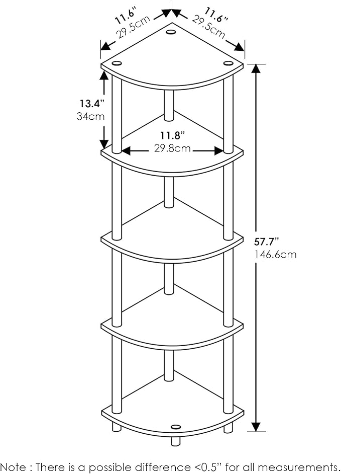 Furinno TURN-N-TUBE Corner Shelf, 5-Tier Corner Bookshelf, Open Storage Shelves - Image 3