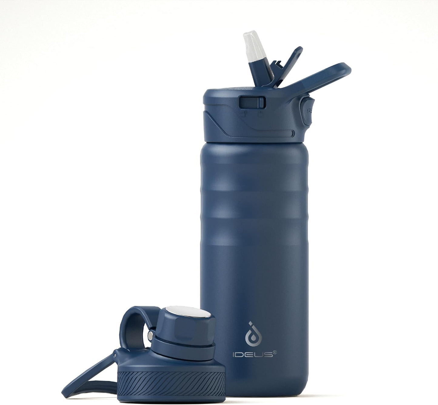 IDEUS Insulated Stainless Steel Water Bottle with 2 Leak-Proof Lids, Thermal Water Flask for Hiking Biking, 18oz, Navy Blue