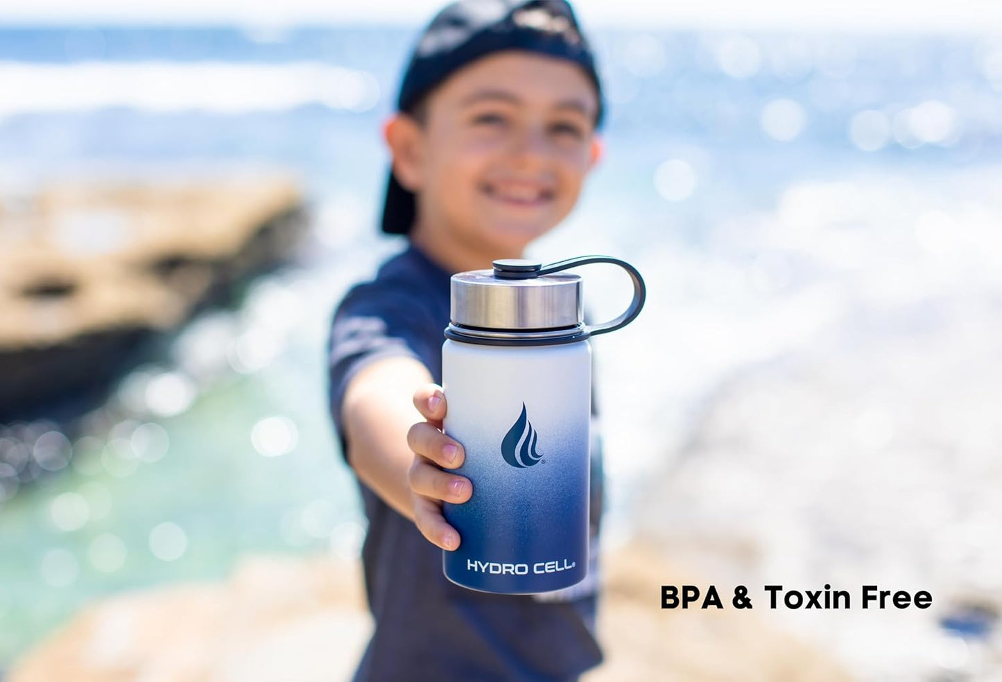 HYDRO CELL Stainless Steel Insulated Water Bottle with Straw - For Cold & Hot Drinks - Metal Vacuum Flask with Screw Cap and Modern Leakproof Sport Thermos for Adults (Navy/White 14oz)