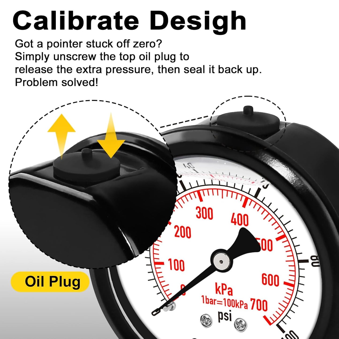 100 Psi Lead-Free 2.5 Inch Pressure Gauge Stainless Steel Case, Liquid Filled, 1.6% Accuracy,1/4" NPT Lower Mount, IP67 Waterproof for Portable Water,Pneumatic Air,RV Hose, Tank, Gas