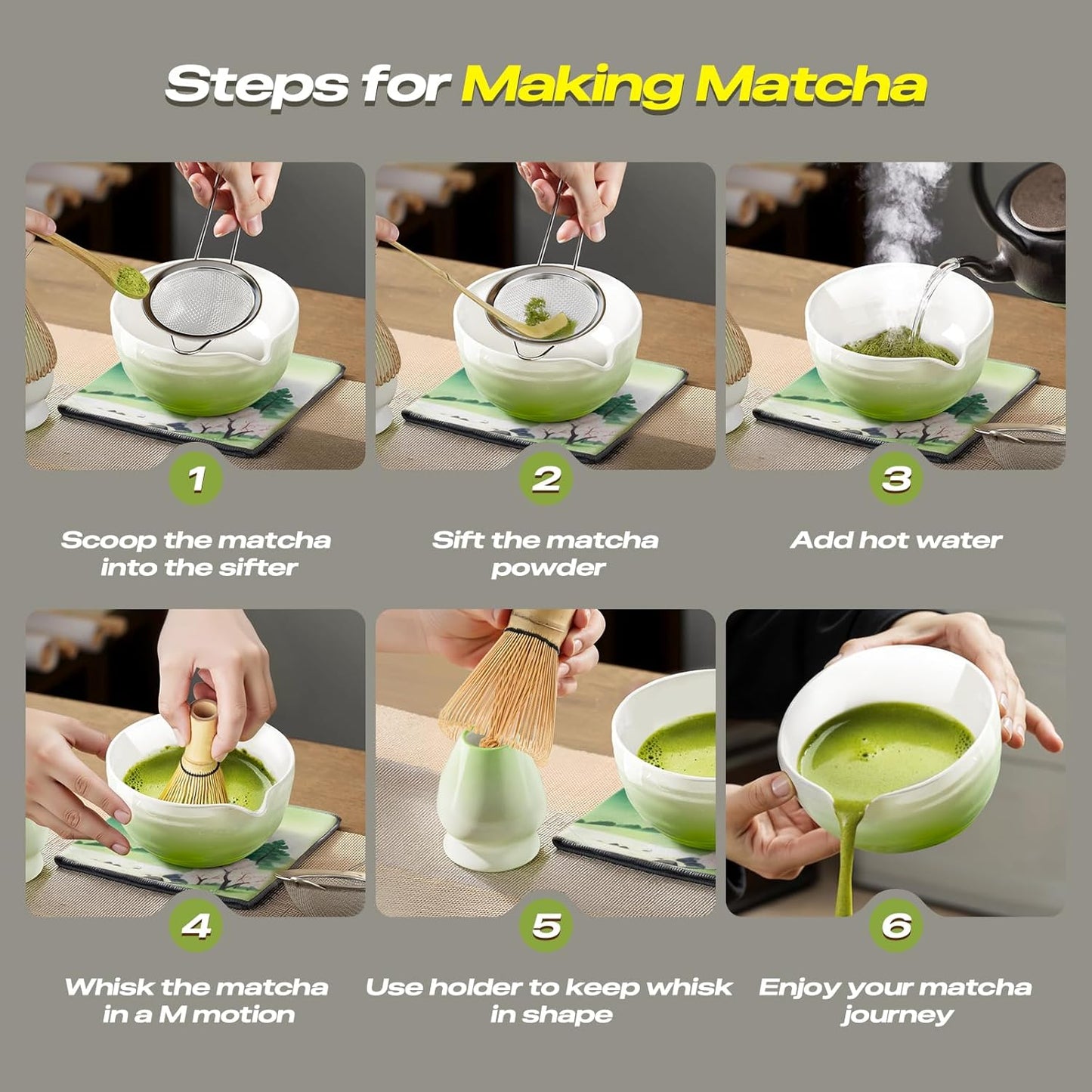 Matcha Whisk Set - 8 Pcs Tea Set with Bamboo Whisk and Holder, Ceramic Bowl, Bamboo Scoop and Spoon,Scoop Rest, Sifter & Tea Towel, Japanese Home Matcha Kit for Authentic Ceremony (Green)