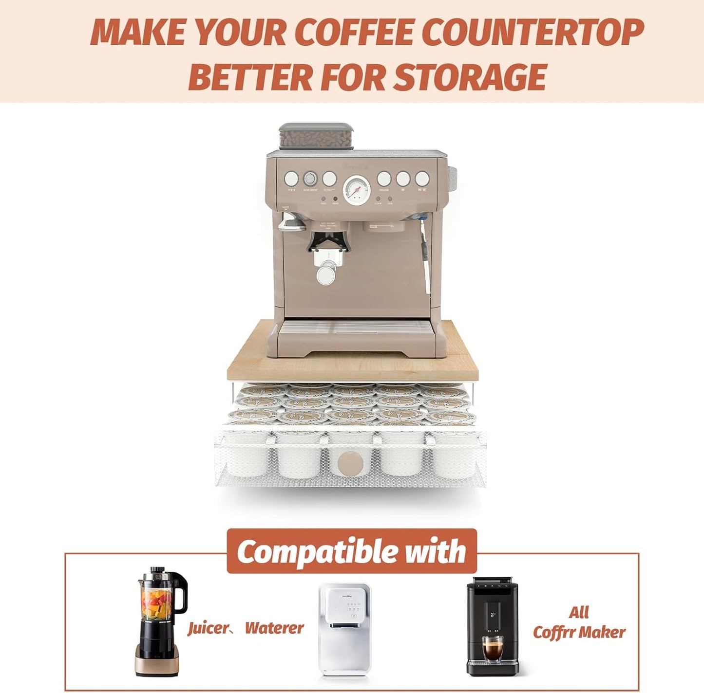 K Cup Organizer, Coffee Pod Holder Drawer, Under Brewer Storage Organizer with Sliding Drawer holds up to 35 K Cup Pods, No Assembly Needed, Natural colour