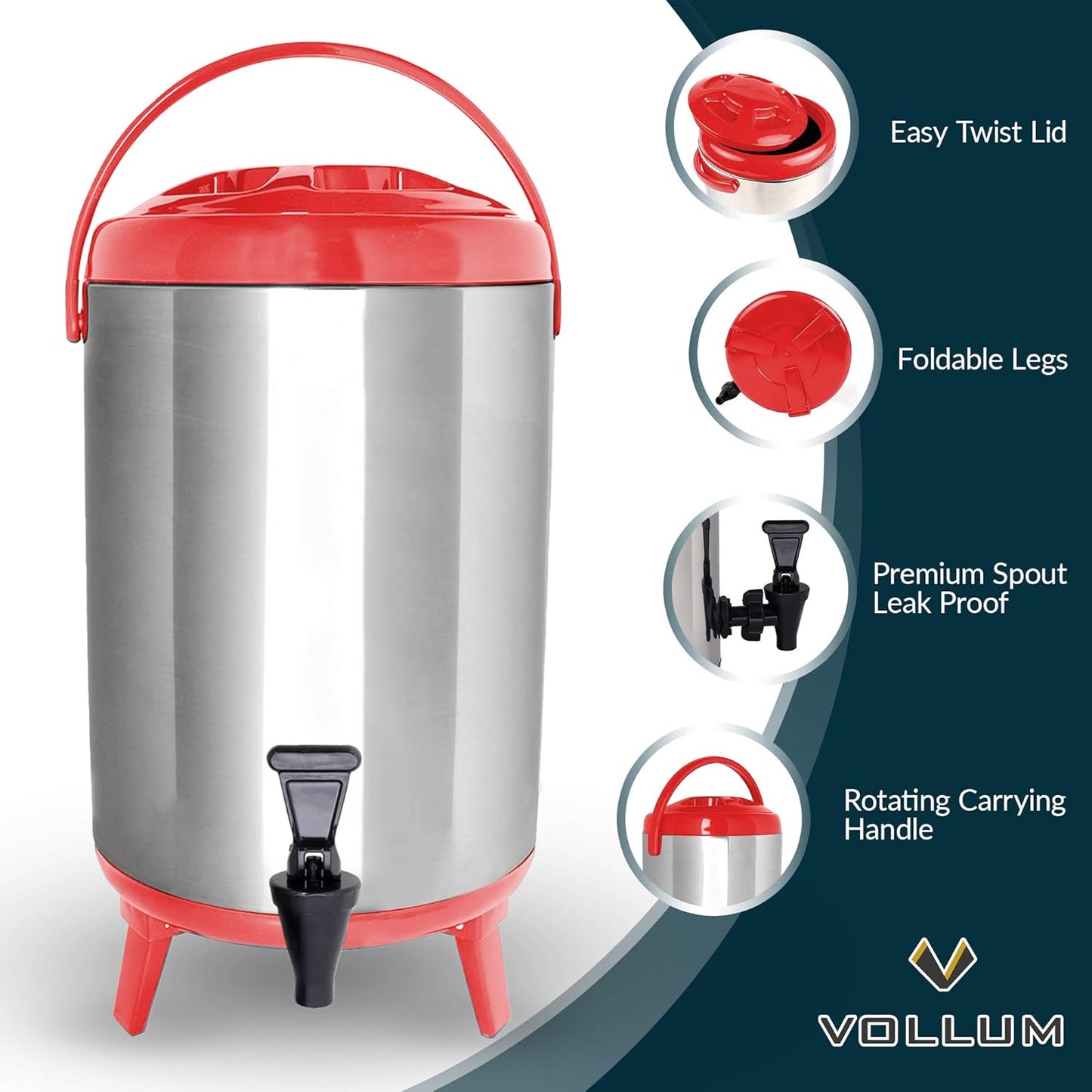 Stainless Steel Insulated Beverage Dispenser – Insulated Thermal Hot and Cold Coffee Carafe – 12 Liter Drink Dispenser with Spigot for Hot Water, Tea & Coffee, Cold Milk, Juice & More RED