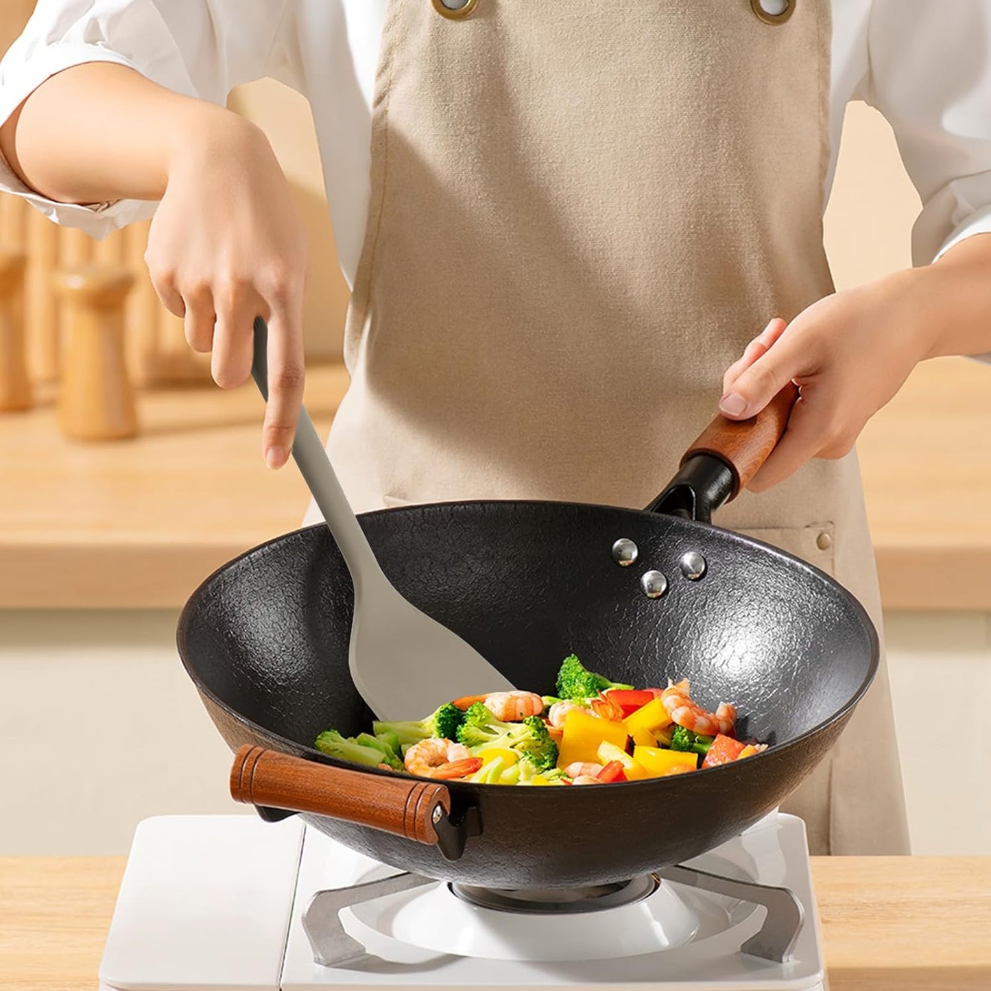 Silicone Kitchen Cooking Utensils Set: MOACC Heat Resistant 13inch Long Kitchen Gadgets, BPA Free Non Stick Rubber Cook Accessories For Food Prep, Frying, Serving, Basting (Light Grey)