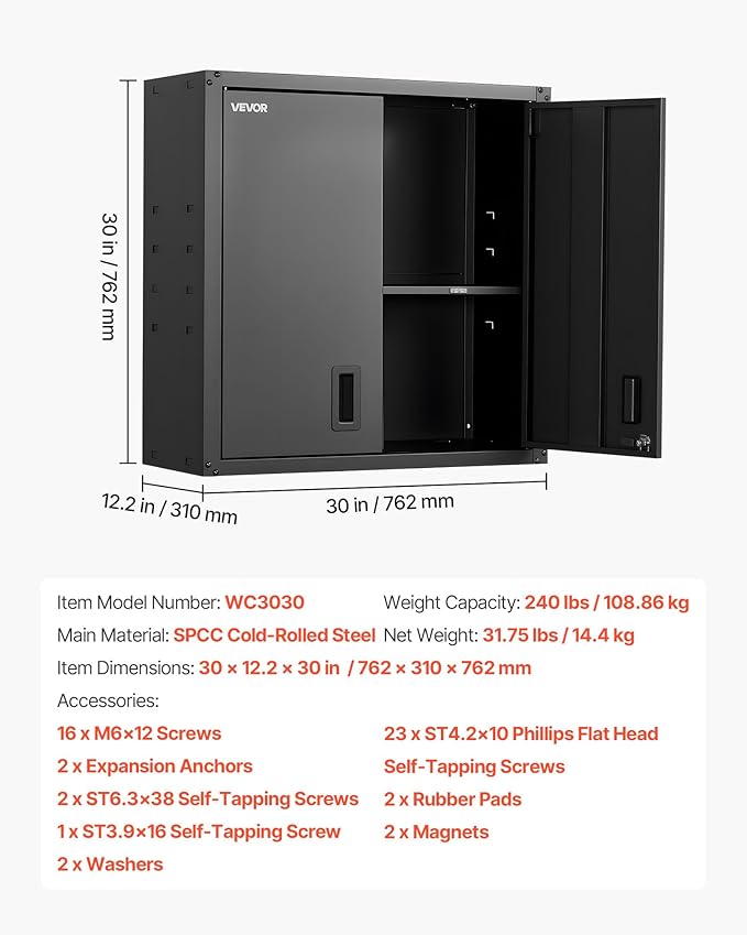 VEVOR Metal Wall Cabinet, 30W x 12.2D x 30H Inch, Steel Floating Hanging - Image 8