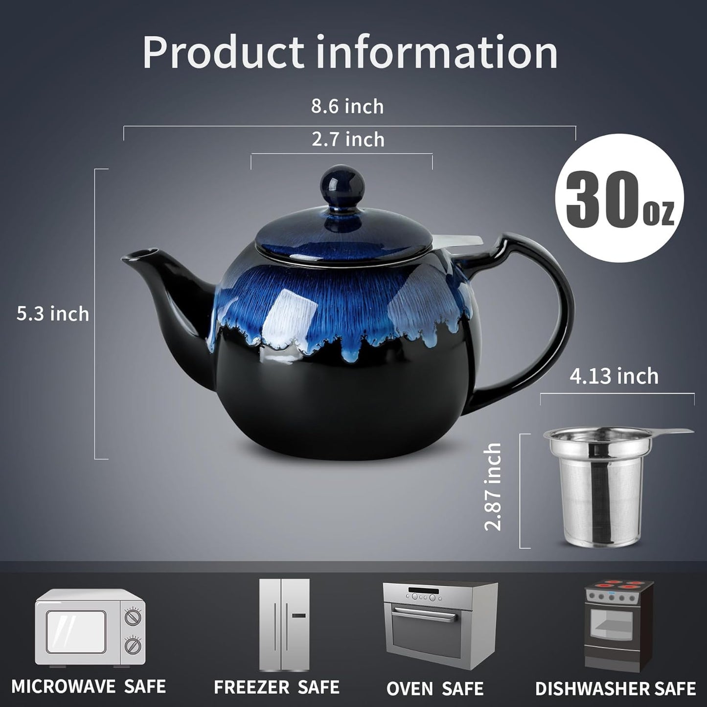 KOOV Tea Pot with Infuser for Loose Tea, 34 ounce Ceramic Teapot with Infuser, Enough For 6 Cups, Tea Pots with Tea Strainers for Tea Party, Reactive Glaze (Nebula Blue)