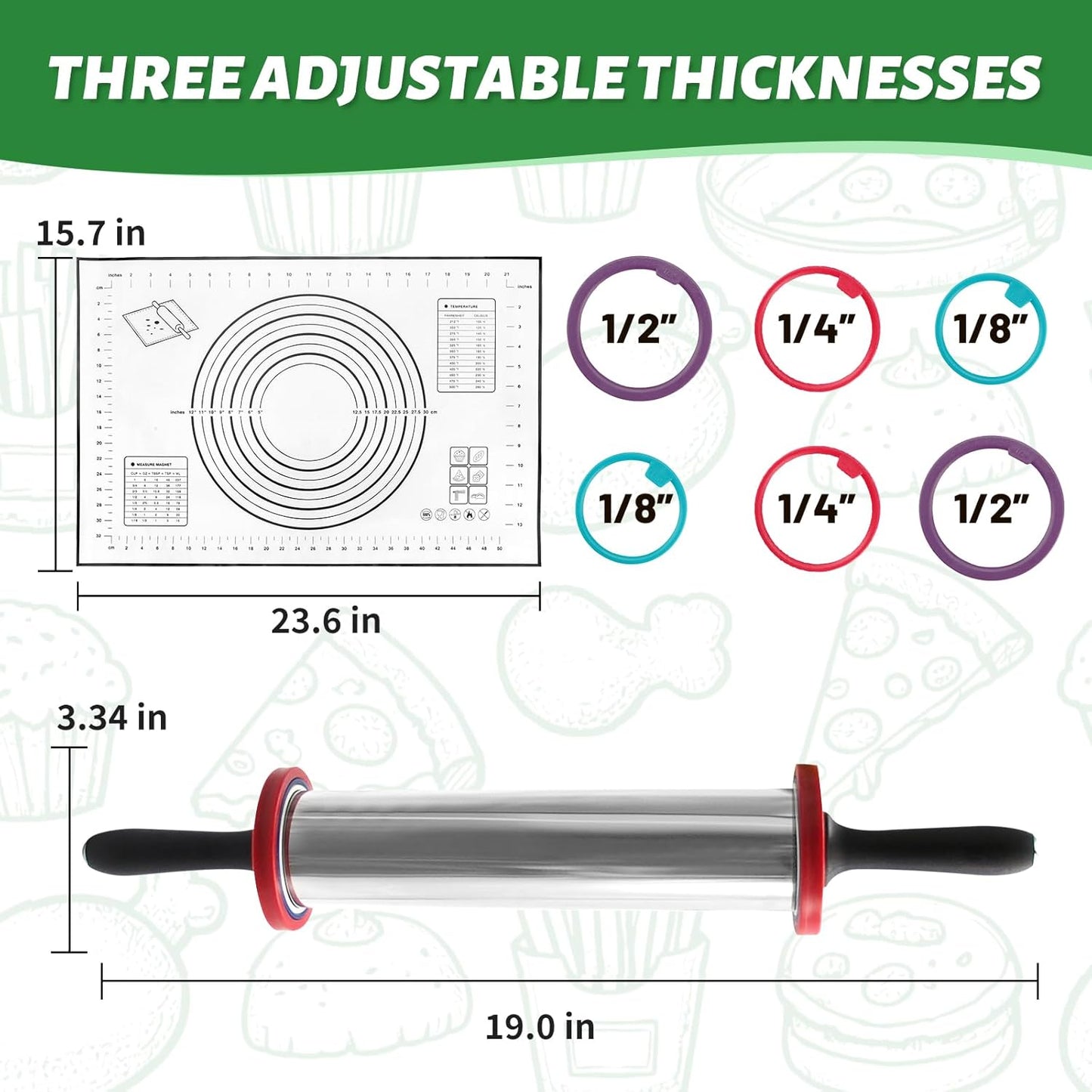 Rolling Pins,Rolling Pin and Silicone Baking Pastry Mat Set,Rolling Pins,Adjustable Stainless Steel Rolling Pin with Thickness Rings for Baking Dough,Pizza,Pie,Pasta(Black Mat)