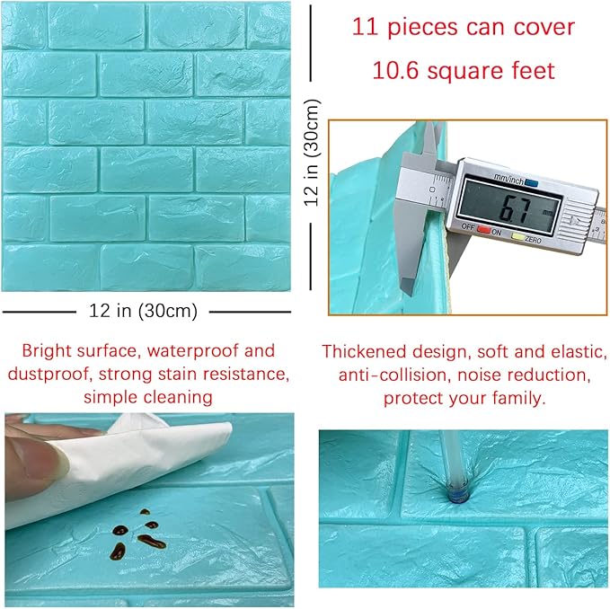 11PCS 3D Wall Panels Peel and Stick Faux Brick Wallpaper Blue Self Adhesive - Image 5
