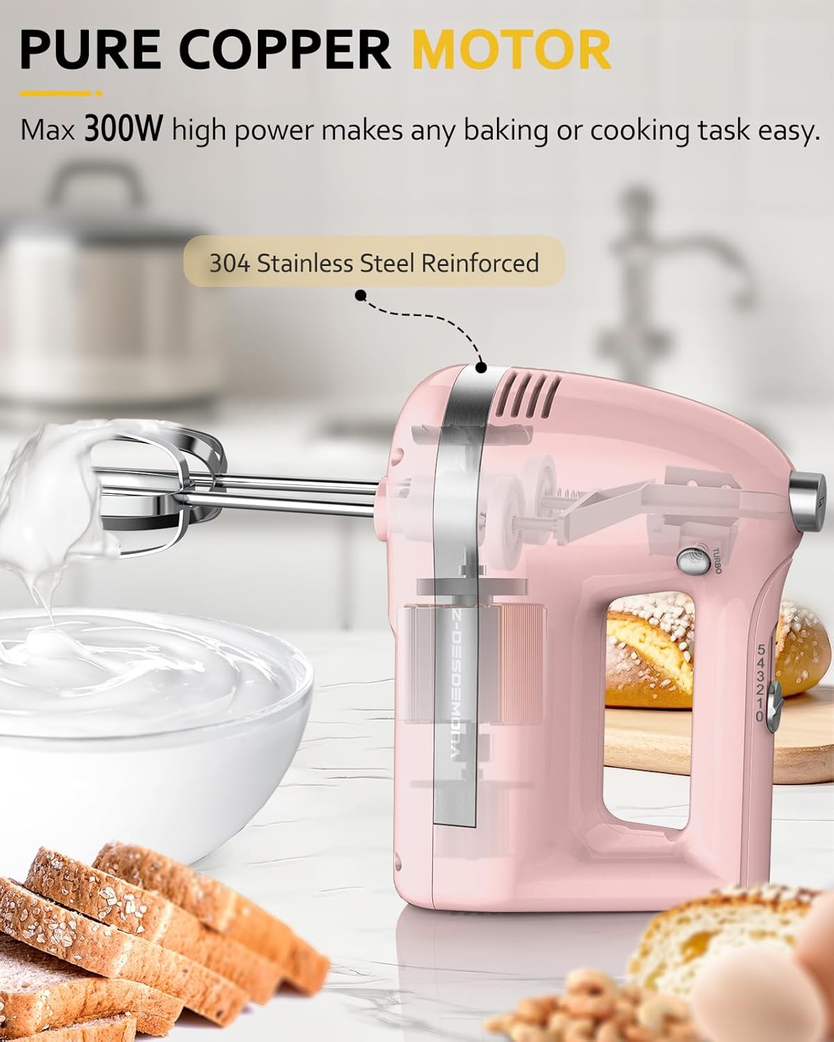Electric Hand Mixer, Powerful 300W Hand Mixer Electric Handheld with 304 Beaters, Dough Hook,Hand Held Mixer with Turbo for Baking Cakes, Eggs, Cream Food(Pink)