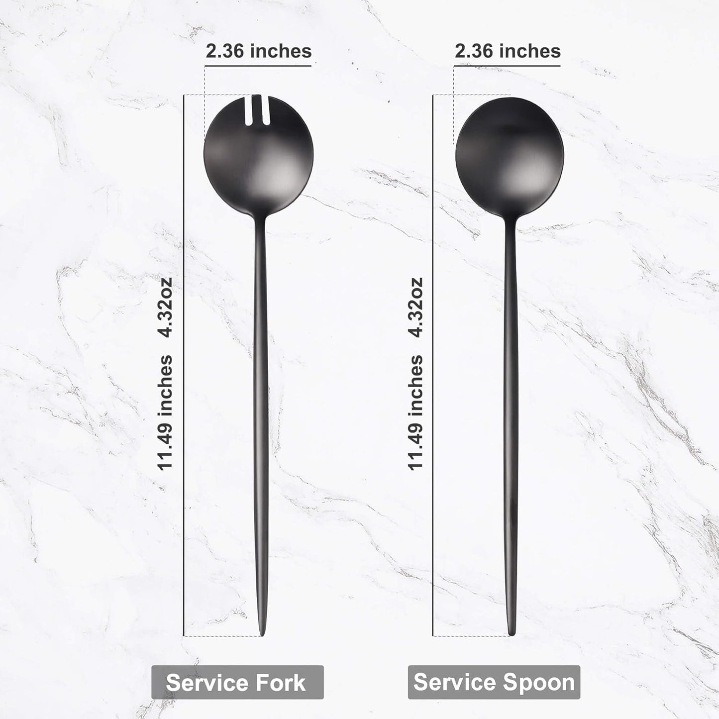 Lemeya Black Salad Serving Utensils,Serving Spoons Stainless Steel,2Pcs Long Handle Salad Servers 11.42 Inch,Salad Utensils for Serving,Matte Finish,Dishwasher Safe