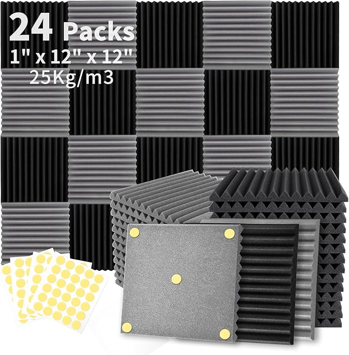 Focusound 24 Pack Black Grey Acoustic Foam Panels 1" x 12" x 12" Sound Proof by Focusound