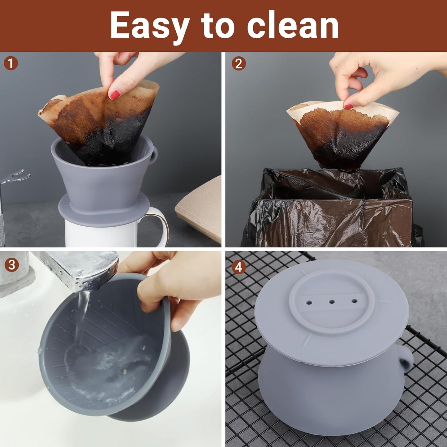Segarty Pour Over Coffee Dripper, Single Cup Gray Silicone Manual Coffee Maker Set with 200PCS Size #2 Cone Coffee Filter Papers, Drip Coffee Pourover Brewer Filter Holder for Travel Outdoor Camping
