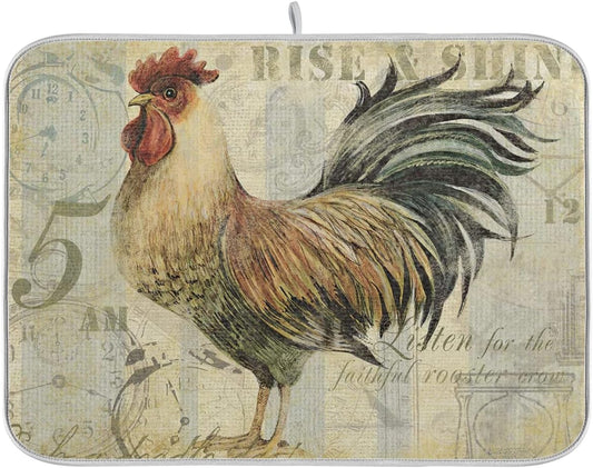 Farmhouse Rooster Dish Drying Mat 16 x 18 Inch with Hanging Loop High Absorbent Reversible Microfiber Dish Drying Pad Dish Rack Pad Drainer Mat for Kitchen Counter Coffee Bar