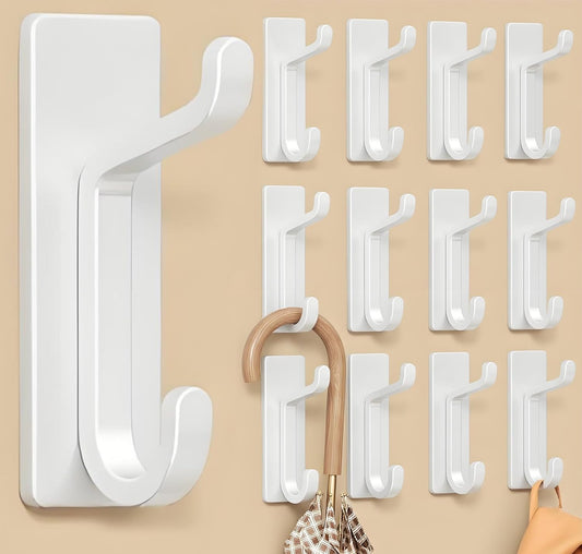 12 Pack Wall Hooks for Coat and Towel: 13LB Adhesive Door Hanger Stick on, White