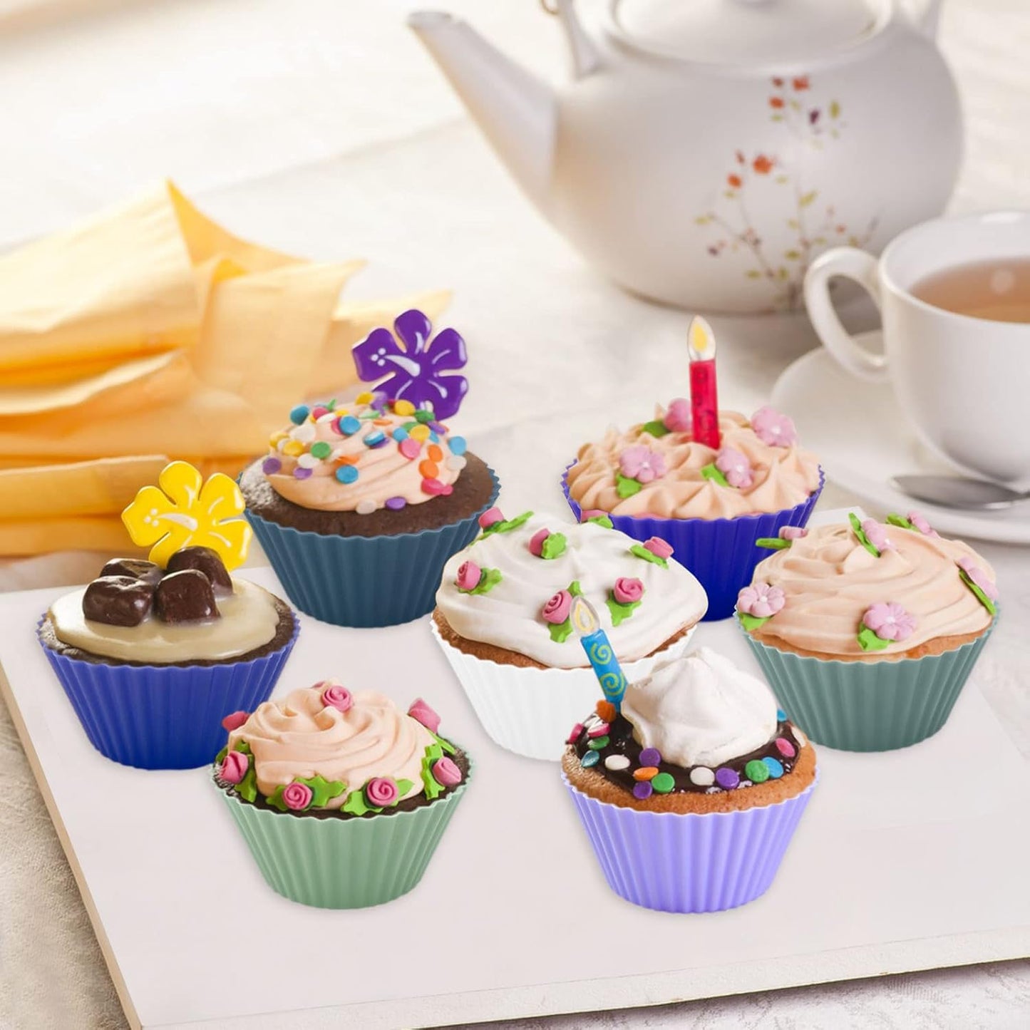 48 Pack of Silicone Cupcake Liners, lyfLux Reusable Mini Muffin Baking Cups, Food Grade Silicone for Cooking Eggs, Baking Muffins and Make a Cake (8 Colors 6 Each)