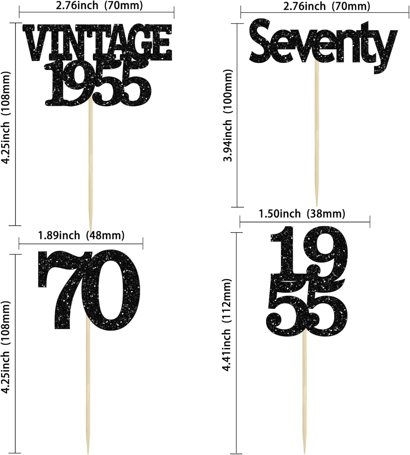 Gyufise 24Pcs Vintage 1955 Cupcake Toppers Glitter Cheers to 70 Fabulous Seventy Cupcake Picks 70th Birthday Wedding Anniversary Party Cake Decorations Supplies Black