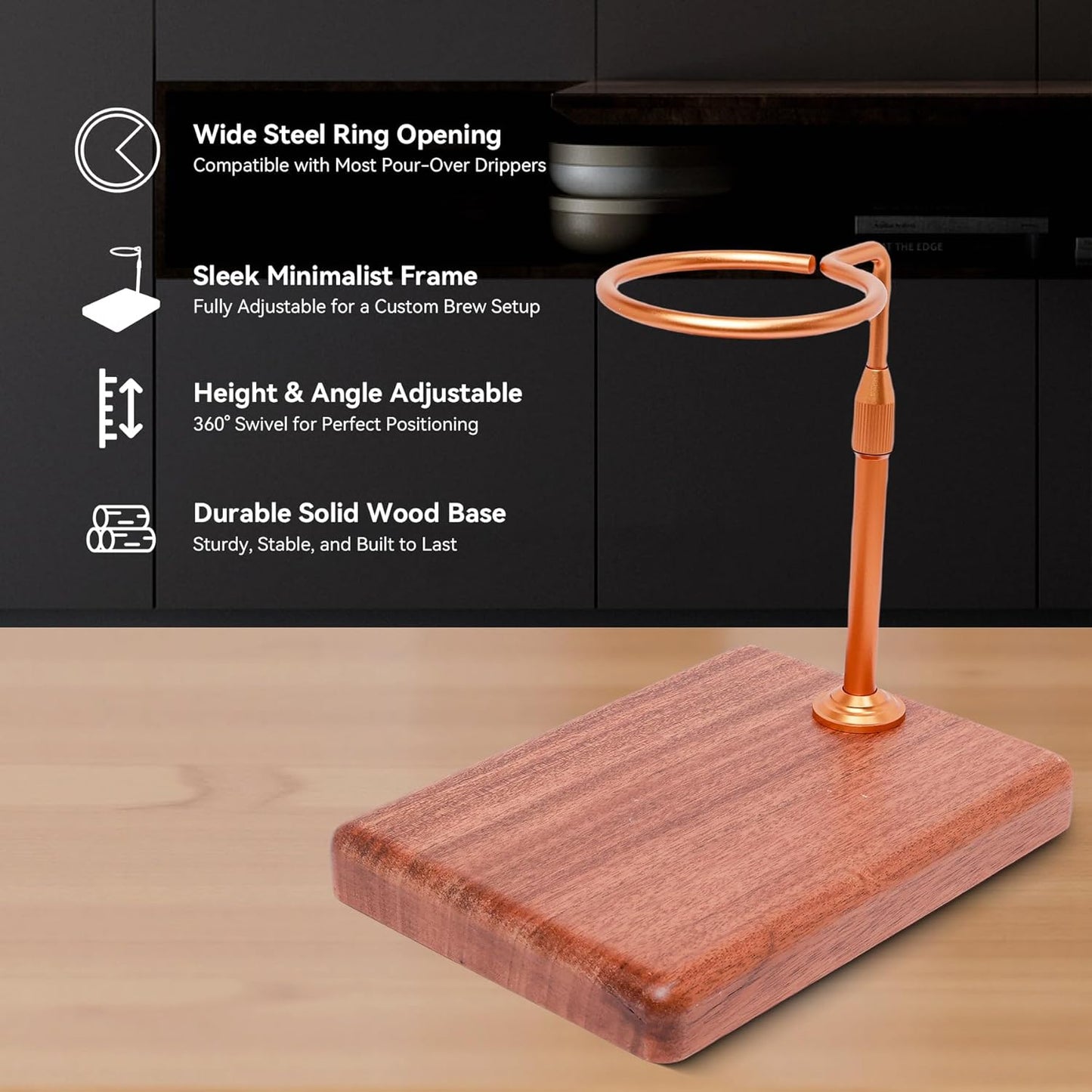 Pour Over Coffee Maker with Adjustable Stand & Wooden Base, Dripper Stand for Manual Coffee Brewing, Coffee Filter Holder, Tea Strainer Stand for Home, Café, Restaurant, Camping, Golden