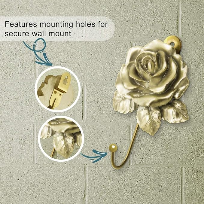 2Pcs Gold Flower Wall Hooks, Cute Decorative Coat Hooks, Vintage Resin Rose - Image 4