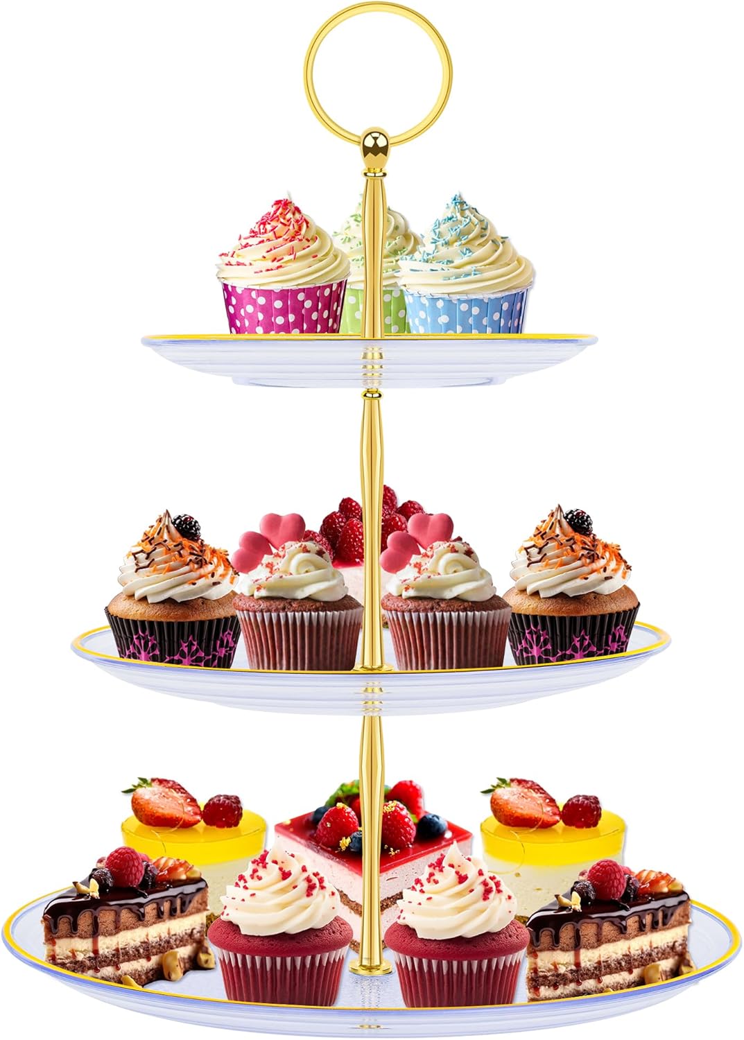 PinCute Cupcake Stand Holder - 3 Tier Cup Cake Dessert Stands, Plastic Tiered Serving Tray&Metal Rod for Birthday Party, Wedding, Tea Party, Baby Shower-Transparent